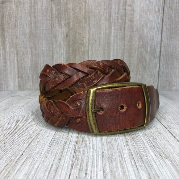 Brown Leather Braided Floral Stamped Belt main image 2